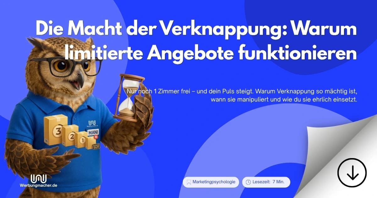 MANI hält eine Sanduhr neben limitierten Angeboten. Ratgeberillustration.