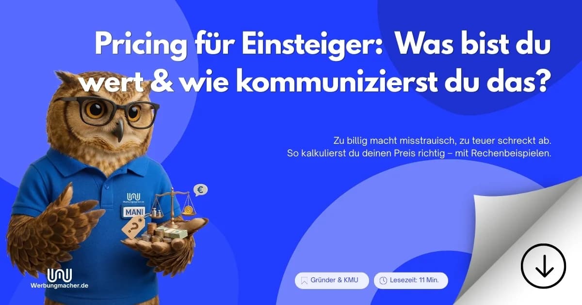 MANI hält eine Waage zur Preisfindung. Ratgeberillustration.