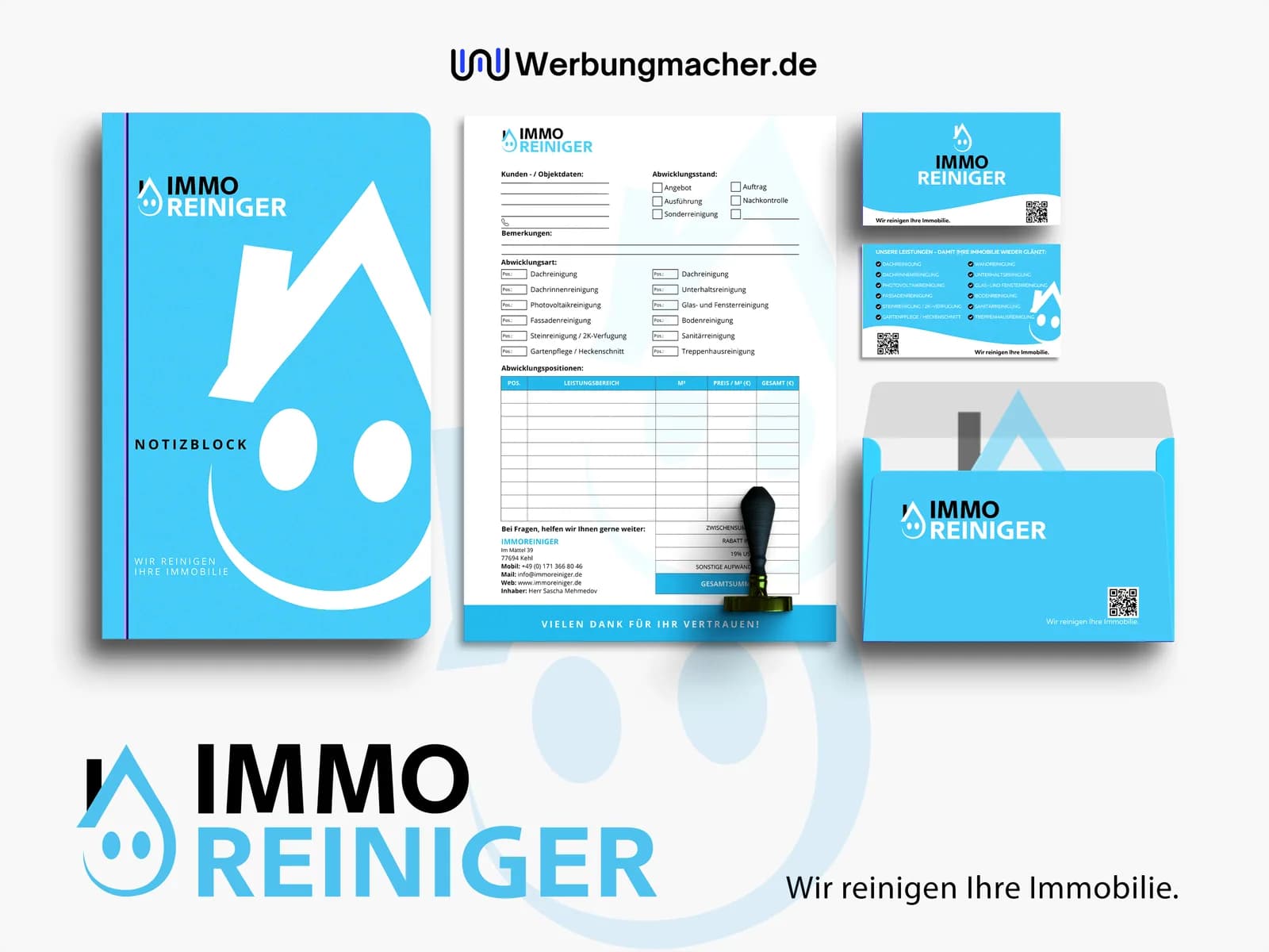 Logo, Notizblock, Formular und Karten im blau-weißen Auftritt von ImmoReiniger