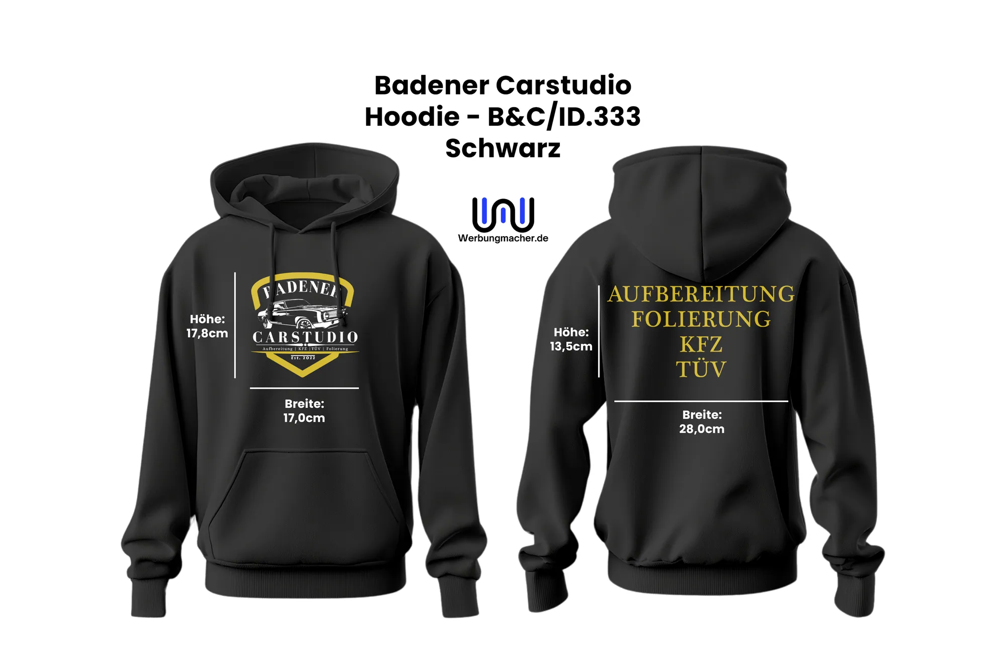 Schwarzer Hoodie von vorn und hinten mit goldenem Badener-Carstudio-Logo und Leistungsaufdruck auf dem Rücken