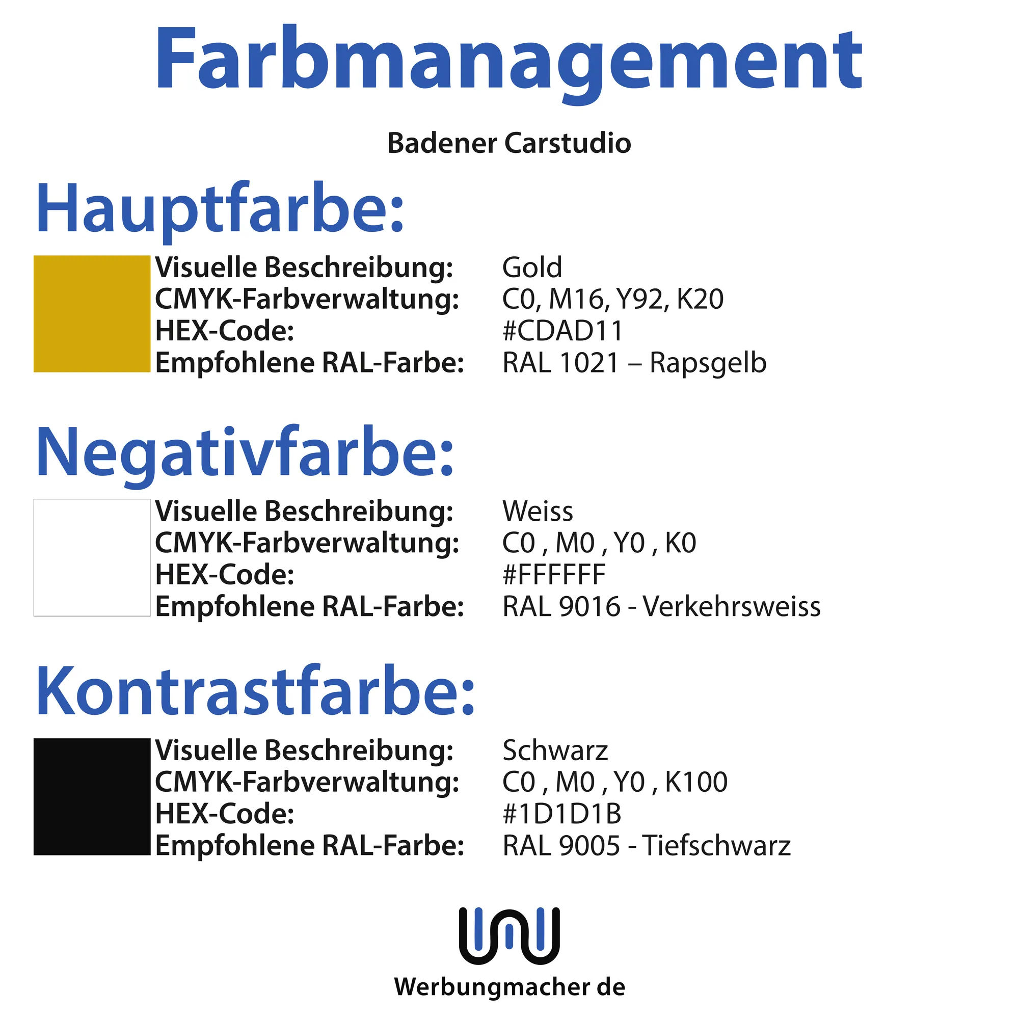 Seite Farbmanagement aus dem Logo-Paket von Badener Carstudio mit Gold, Weiß und Schwarz und den zugehörigen Farbwerten