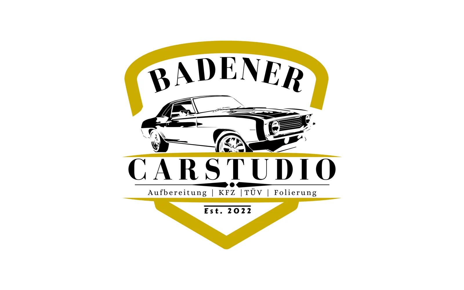 Erstes Logo von Badener Carstudio im Wappenstil mit Sportwagen und goldenem Rahmen