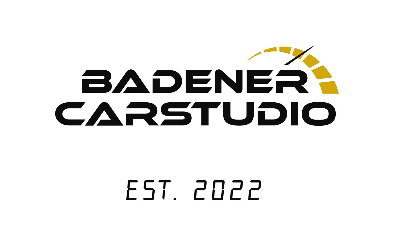 Neue Wortmarke Badener Carstudio in Schwarz mit goldenem Tacho-Bogen und dem Zusatz Est. 2022