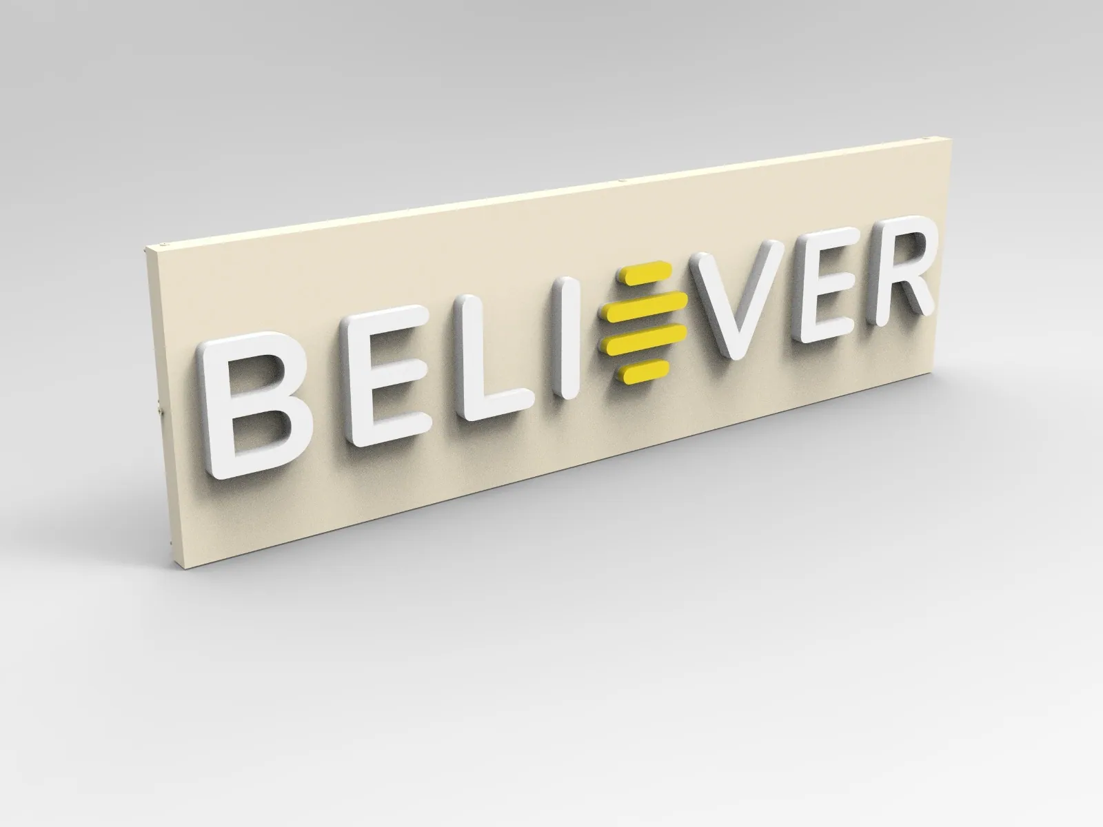 3D-Ansicht der Leuchtreklame mit weißen Buchstaben BELIEVER und gelbem Waben-Element auf heller Tafel