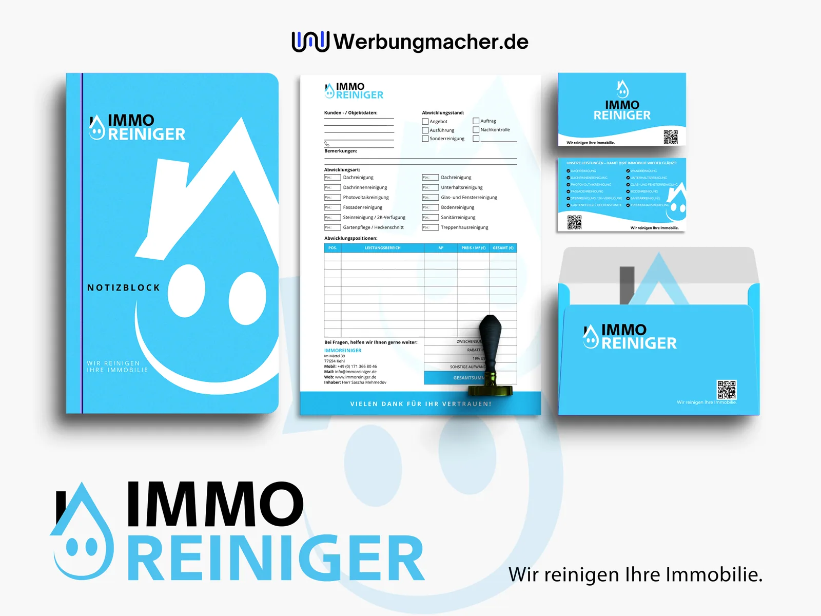 Logo, Notizblock, Formular und Karten im blau-weißen Auftritt von ImmoReiniger