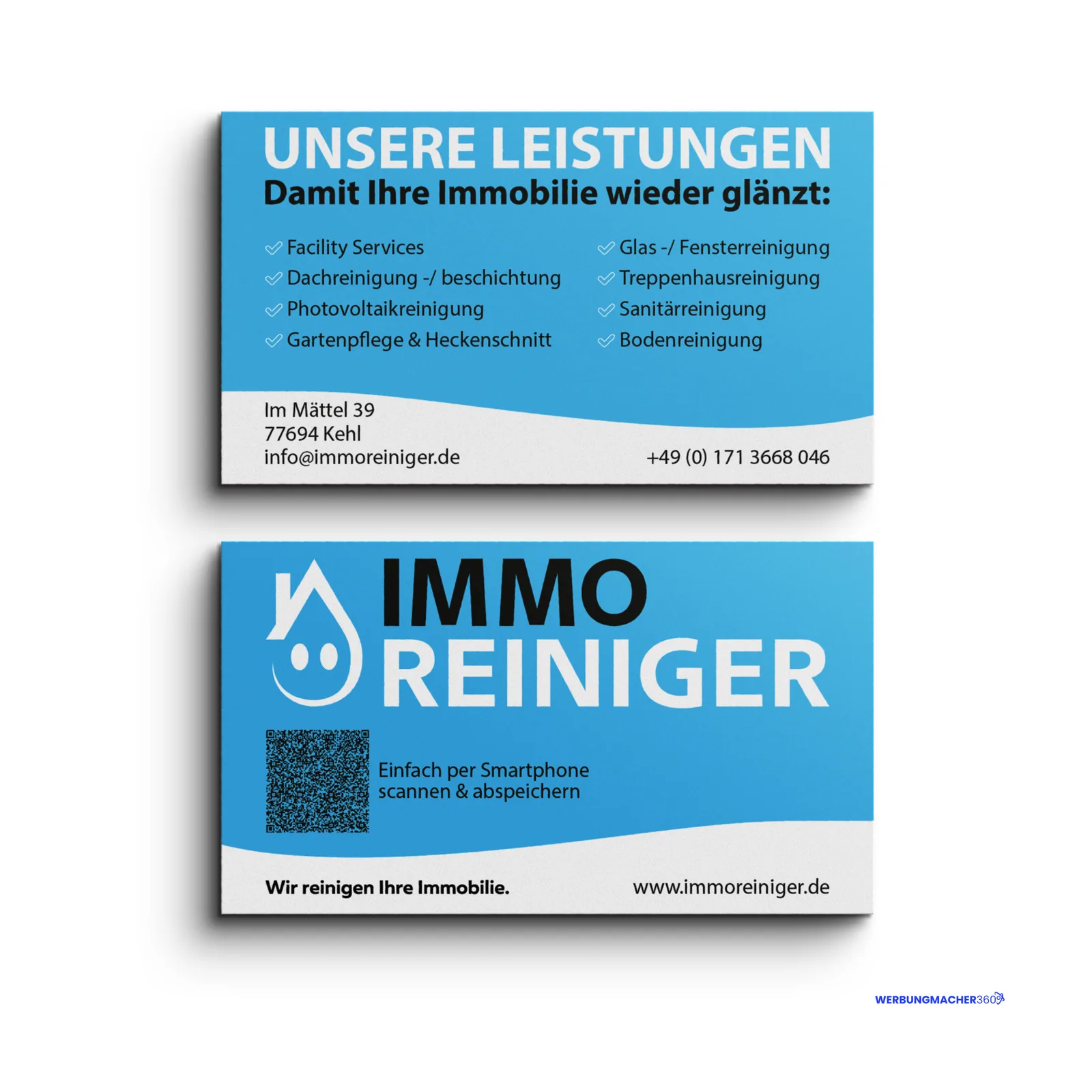 Vorder- und Rückseite der blau-weißen ImmoReiniger-Visitenkarten