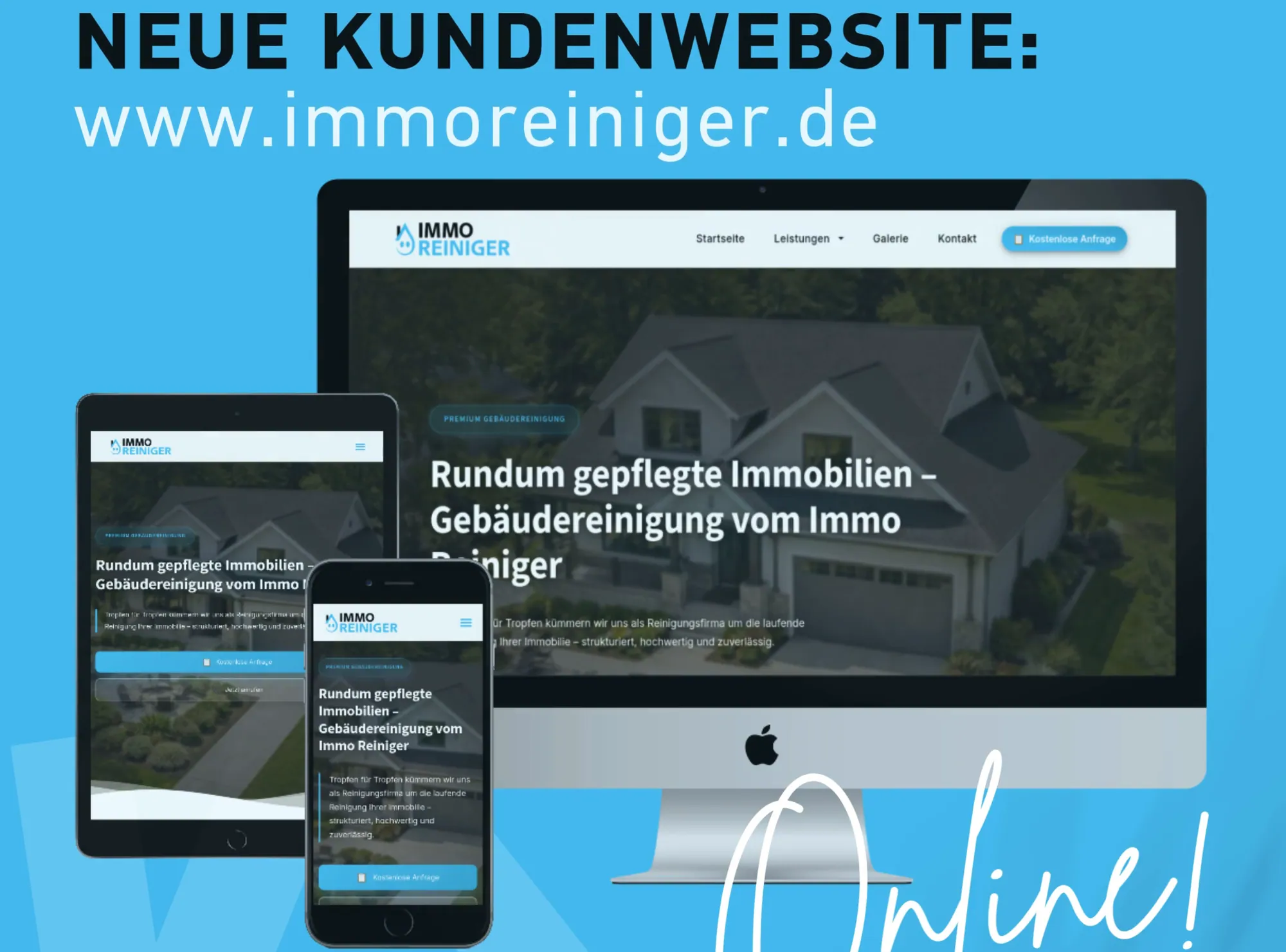 Die Website von ImmoReiniger auf Monitor, Tablet und Smartphone vor blauem Hintergrund mit dem Schriftzug Neue Kundenwebsite