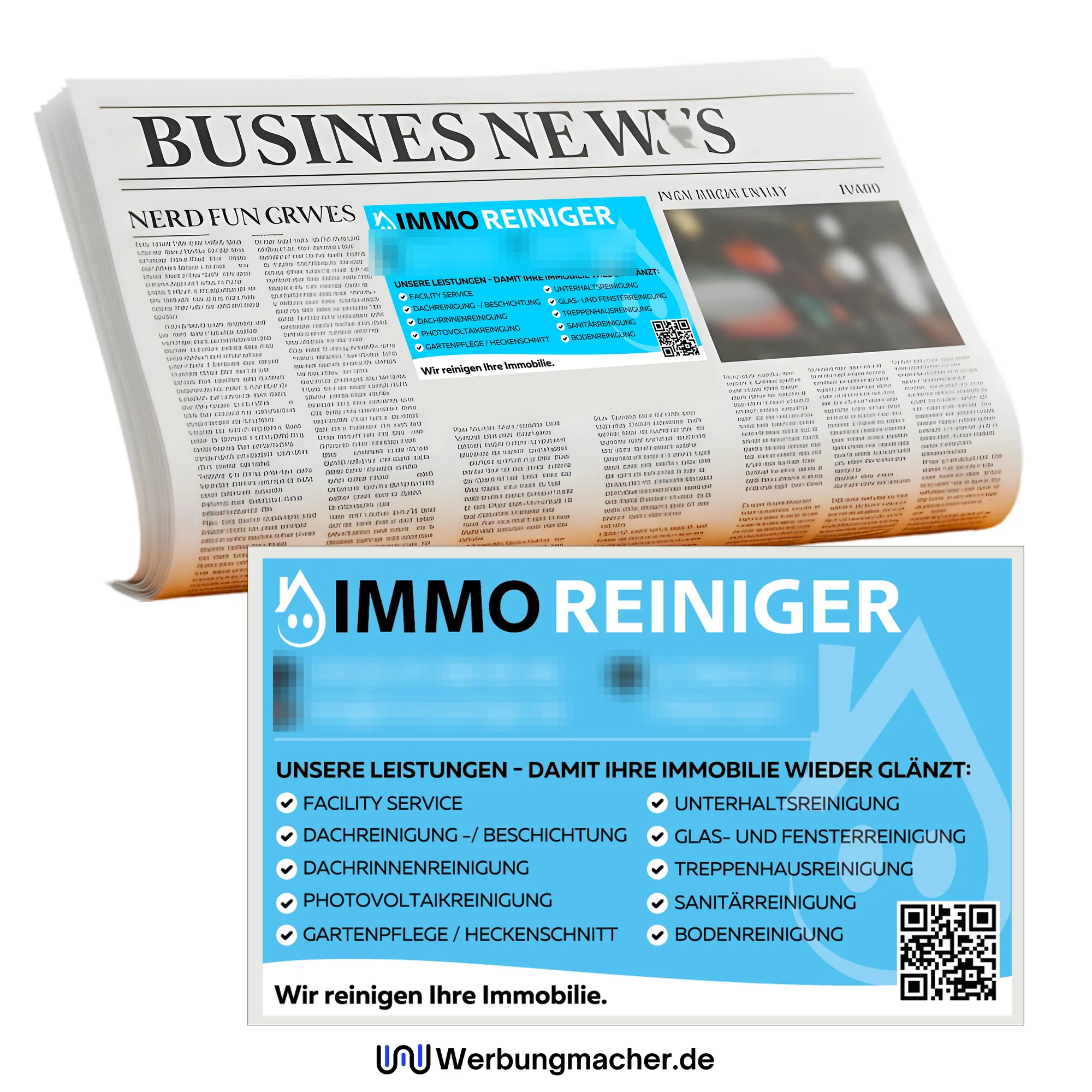 Blaue ImmoReiniger-Zeitungsanzeige mit Logo und Leistungsliste, einmal in einer Zeitung und einmal vergrößert