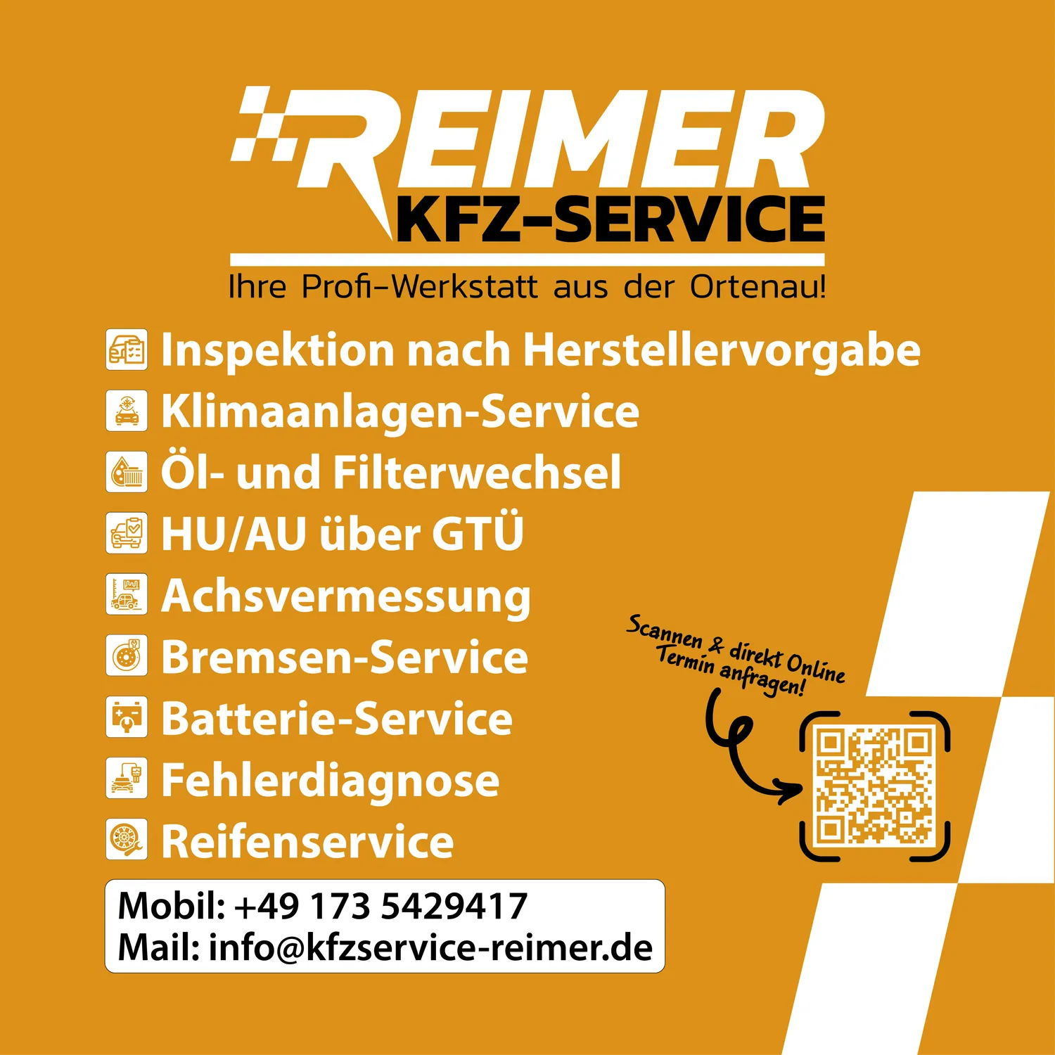 Quadratisches orangefarbenes Alu-Schild mit Logo von KFZ-Service Reimer, Leistungsliste von Inspektion bis Reifenservice und QR-Code für Terminanfragen