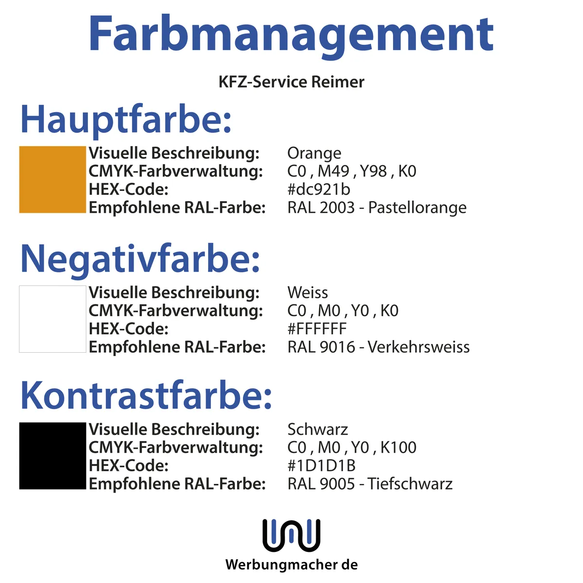 Farbübersicht des Auftritts von KFZ-Service Reimer mit Hauptfarbe Orange, Negativfarbe Weiß und Kontrastfarbe Schwarz