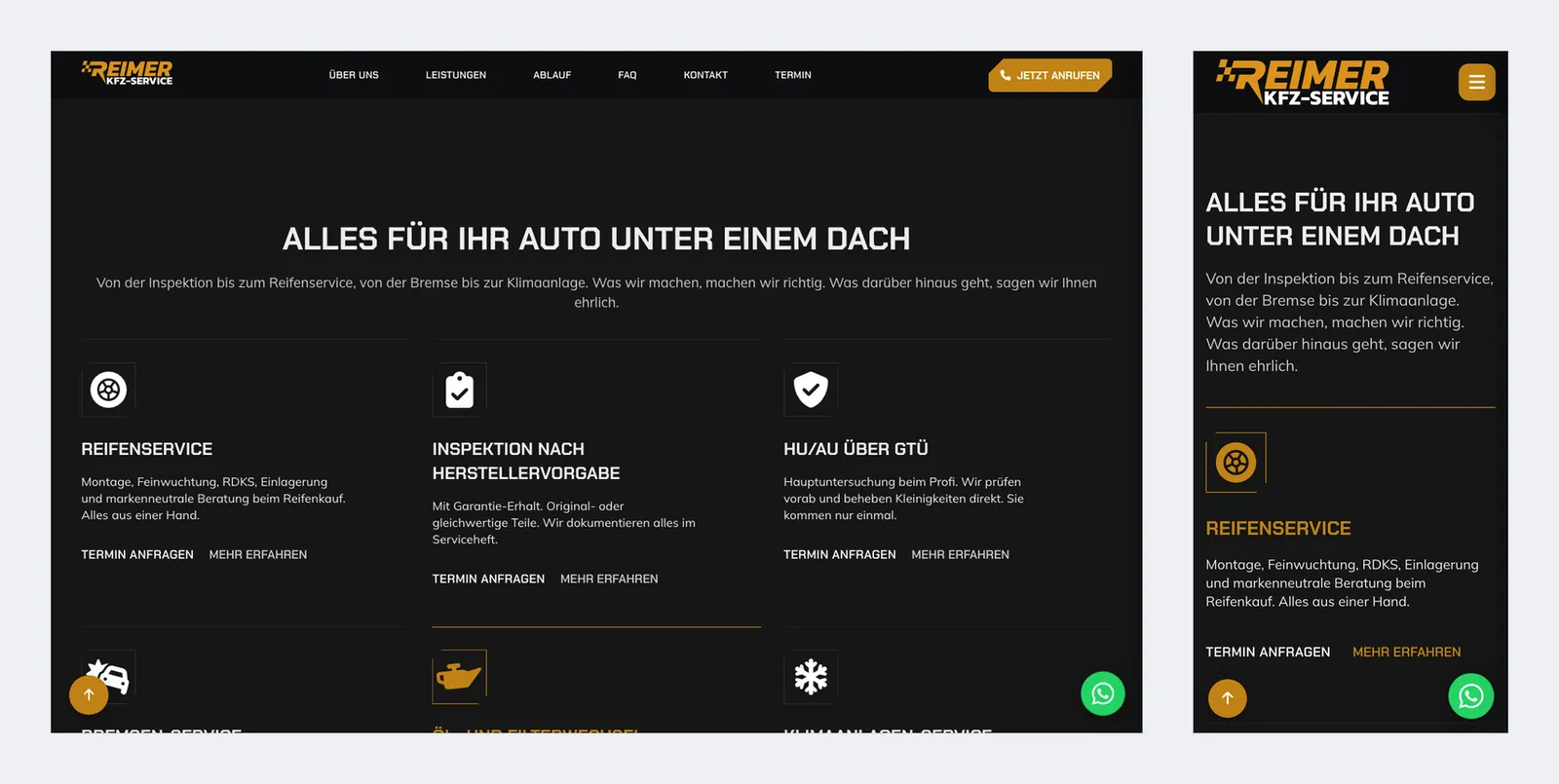 Der Leistungsbereich von kfzservice-reimer.de auf Desktop und Smartphone nebeneinander