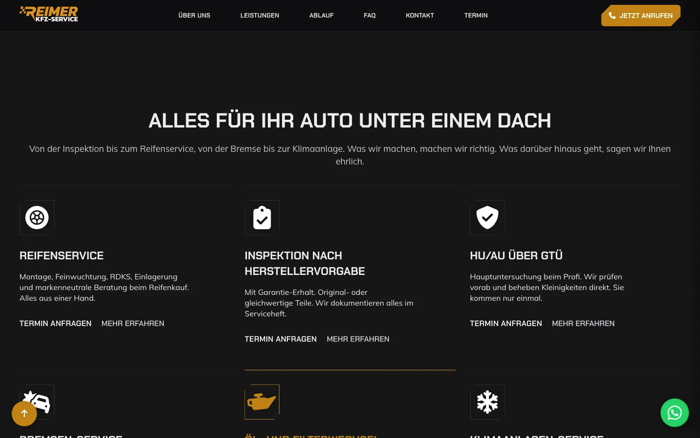 Abschnitt Alles für Ihr Auto unter einem Dach auf kfzservice-reimer.de mit Reifenservice, Inspektion, HU und AU, Bremsen, Ölwechsel und Klimaservice
