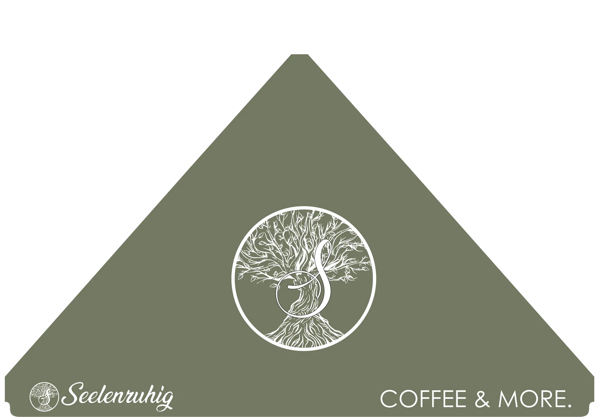 Druckdatei eines Schirmsegments in Olivgrün mit Baum-Logo, Seelenruhig-Schriftzug und Coffee and more