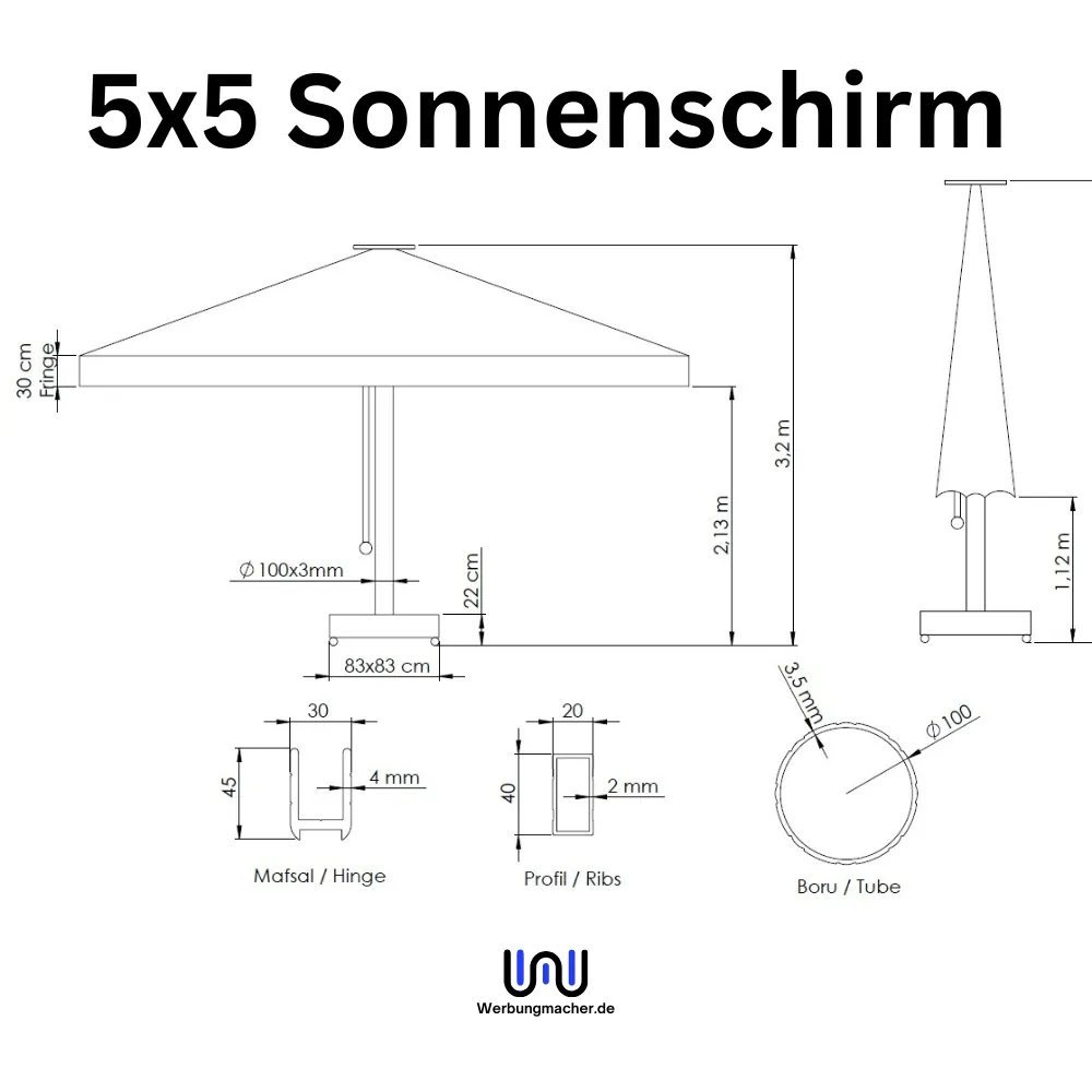 Technische Zeichnung des 5 × 5 Meter Sonnenschirms mit Höhen, Mastmaßen und Profilen
