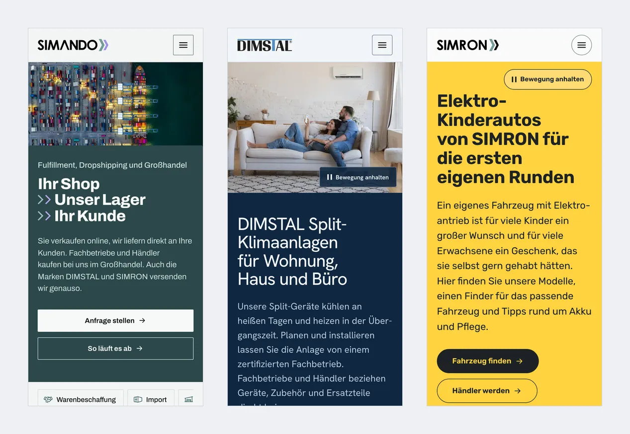 Die Startseiten von simando.de, dimstal.de und simron.de nebeneinander in der Smartphone-Ansicht
