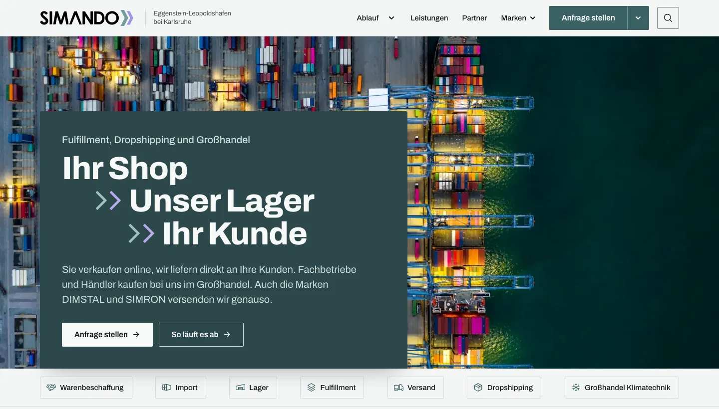 Startseite von simando.de mit Containerhafen im Titelbild und dem Titel Ihr Shop, Unser Lager, Ihr Kunde