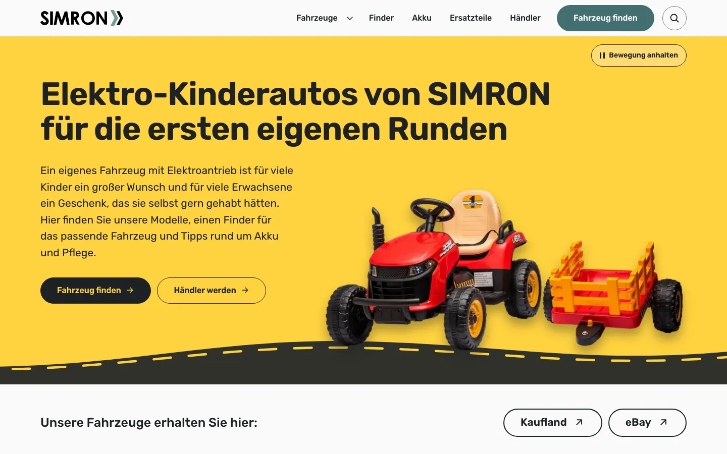 Startseite von simron.de mit gelbem Hintergrund, rotem Elektro-Traktor mit Anhänger und dem Titel Elektro-Kinderautos von SIMRON