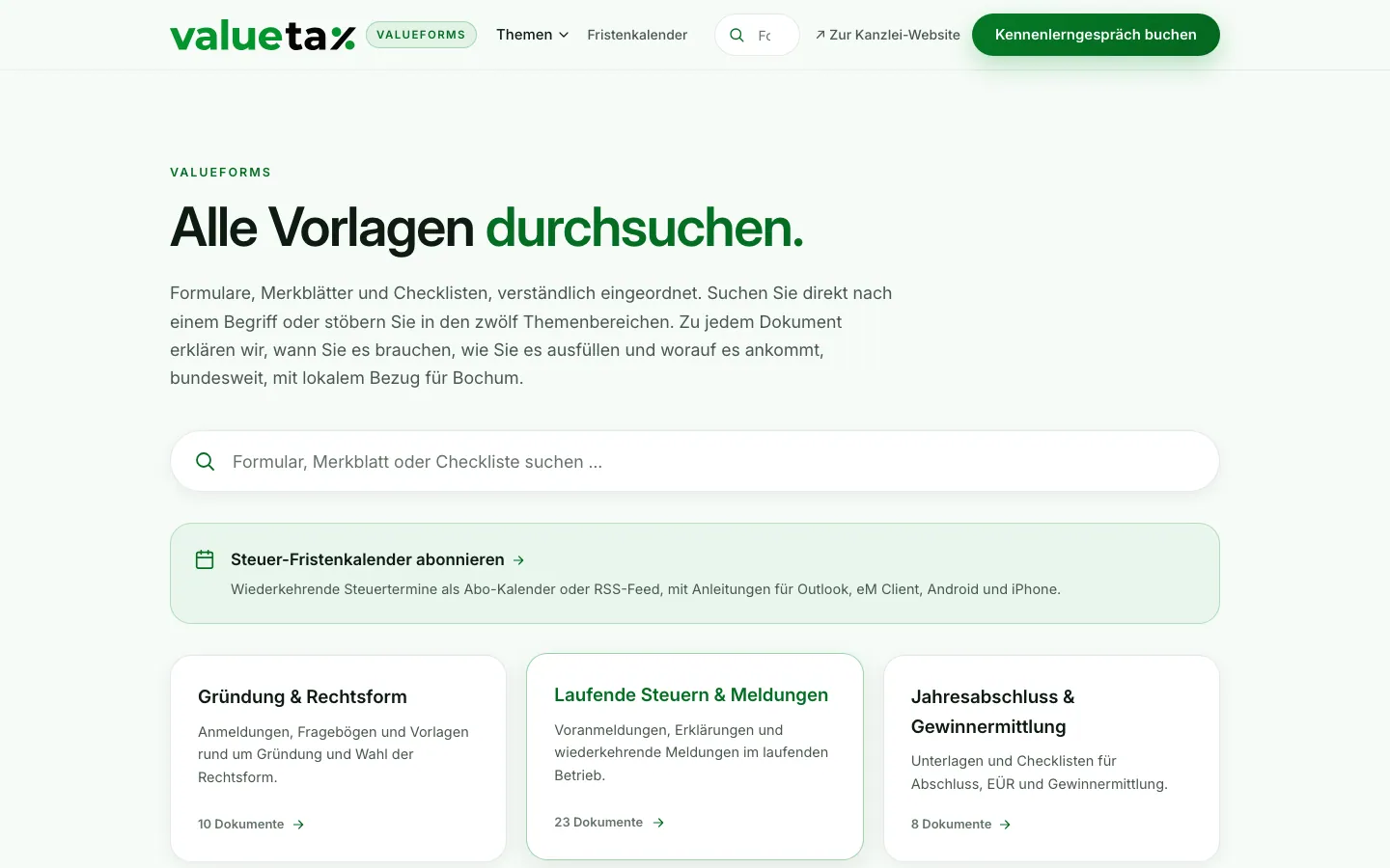 Startseite des Formularportals ValueForms von valuetax mit Suchfeld, Hinweis auf den Fristenkalender und Themenbereichen