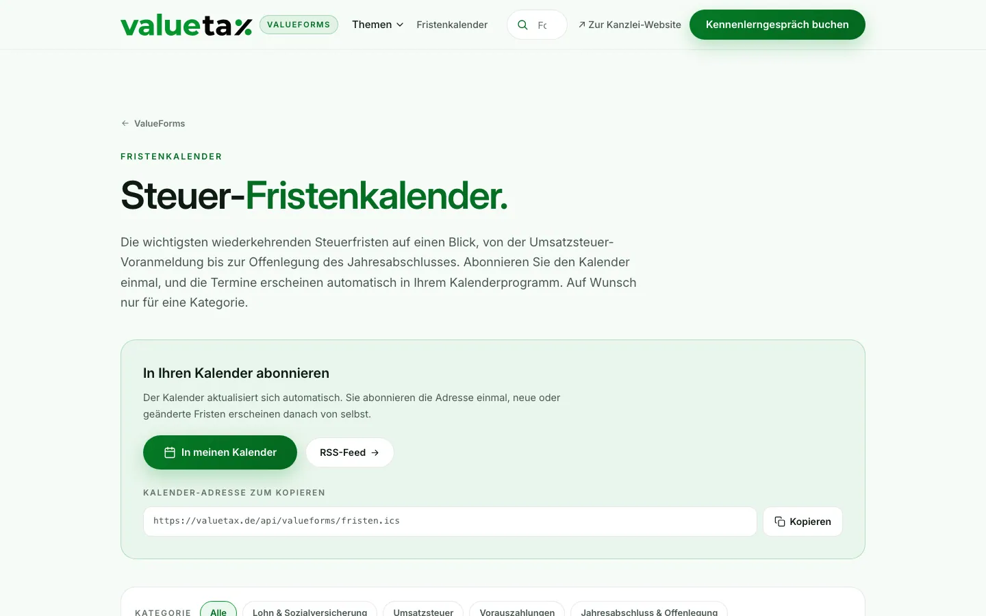 Seite Steuer-Fristenkalender von valuetax mit Kalenderabo, RSS-Feed und Kategorie-Filter