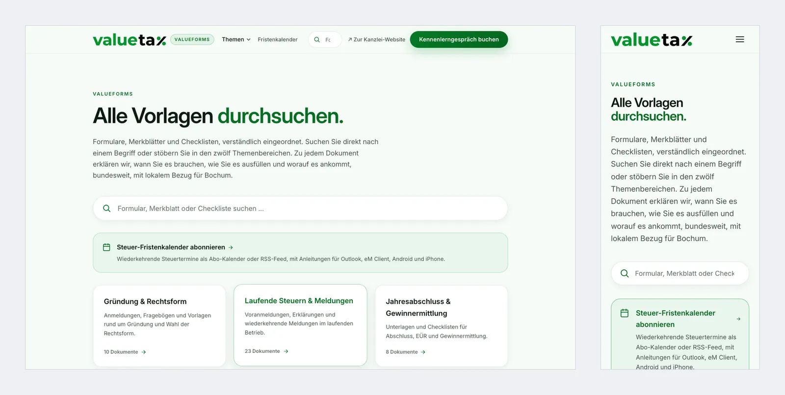 Das Formularportal von valuetax auf Desktop und Smartphone nebeneinander