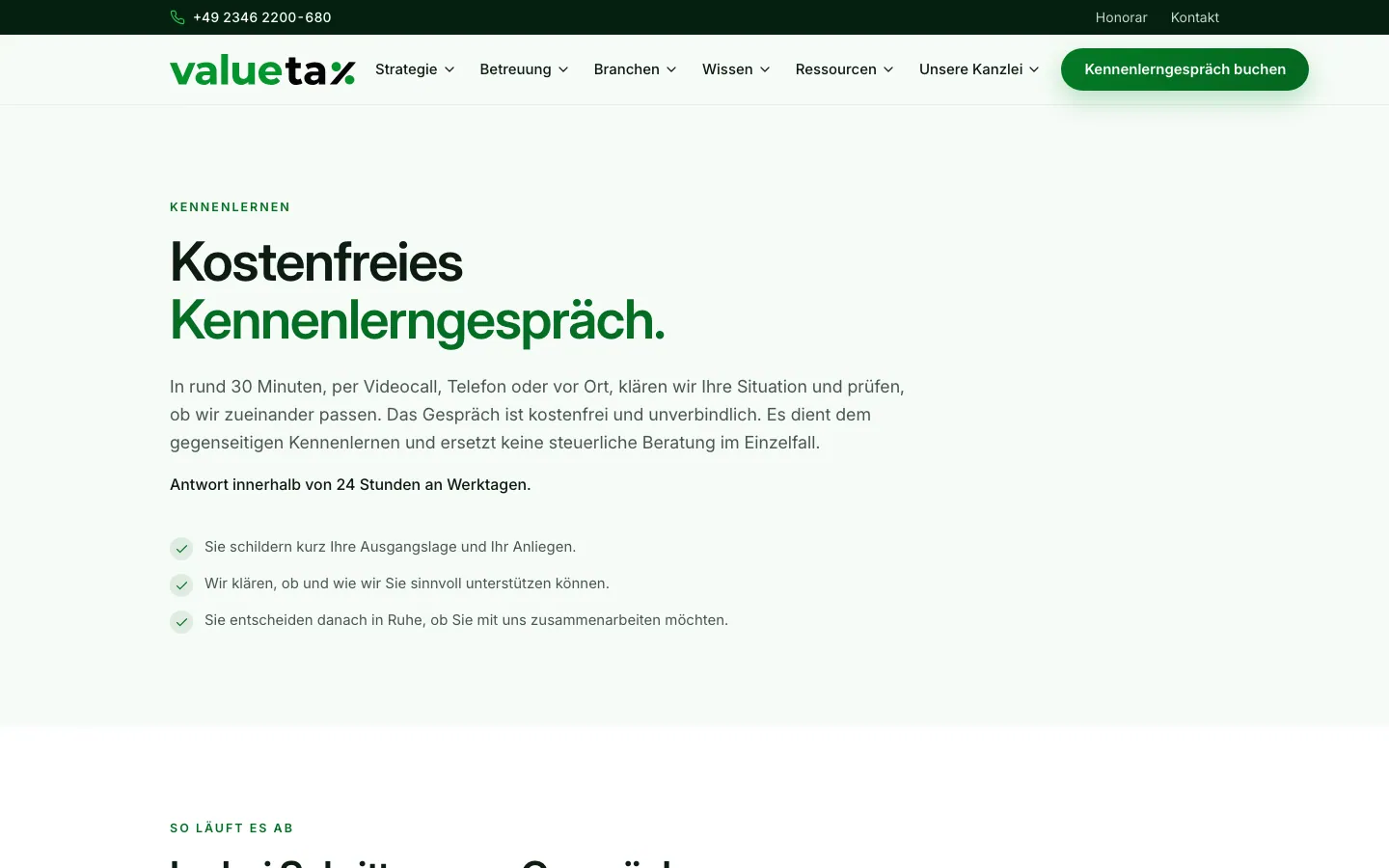 Seite Kostenfreies Kennenlerngespräch auf valuetax.de mit Ablauf in drei Schritten