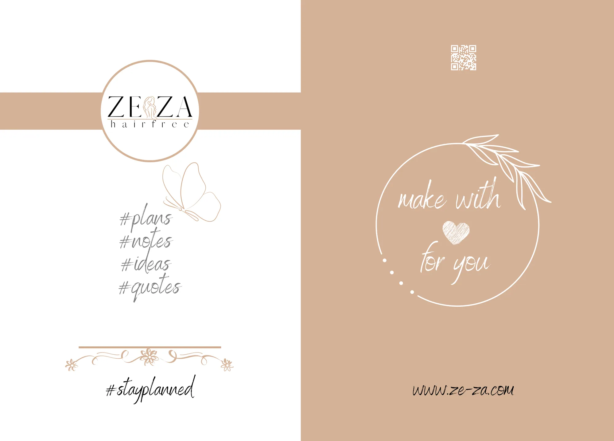 Notizblock von ZEZA Hairfree in Beige und Weiß mit Logo, Hashtags und dem Satz make with love for you
