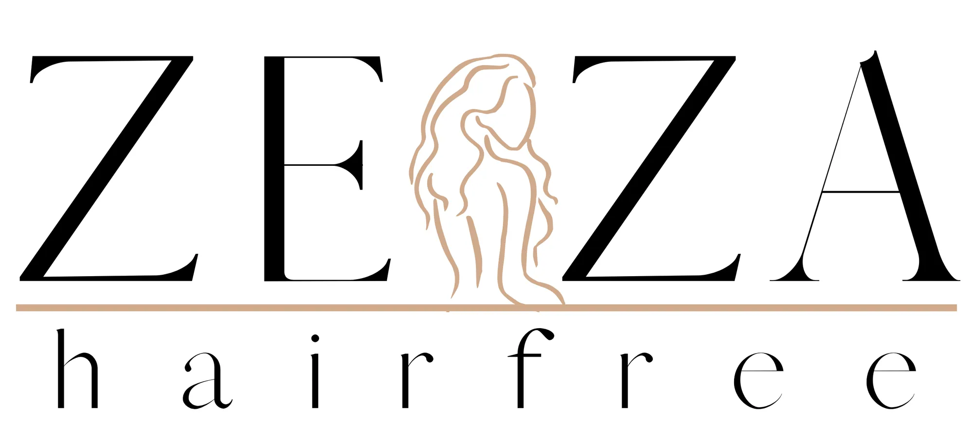 Logo ZEZA Hairfree in Schwarz mit beigefarbener Figur als Stickvorlage