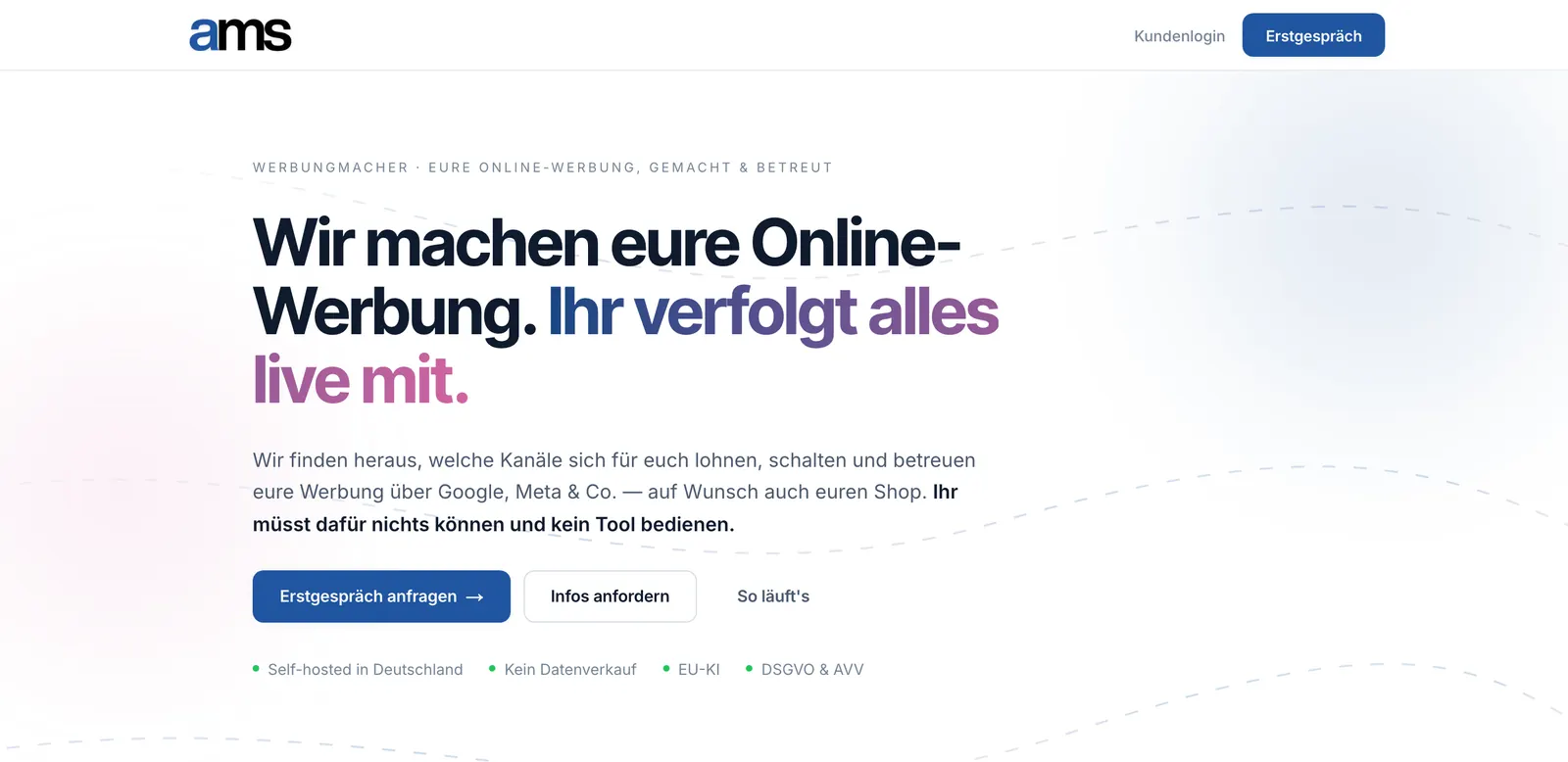 Startseite von AMS mit dem Versprechen einer betreuten Online-Werbung