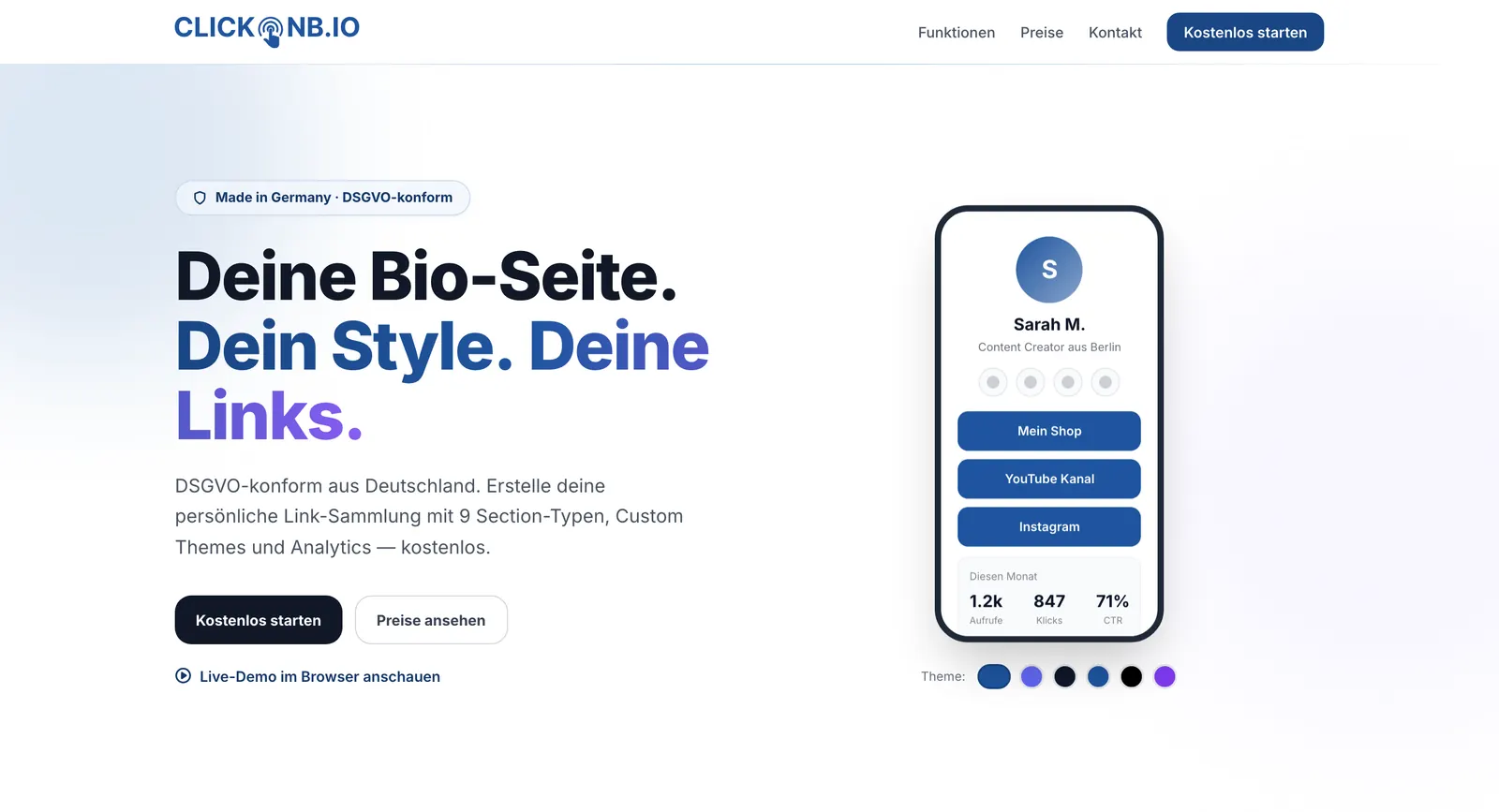 Startseite von ClickOnB.io mit einer Beispiel-Bio-Seite auf einem Smartphone