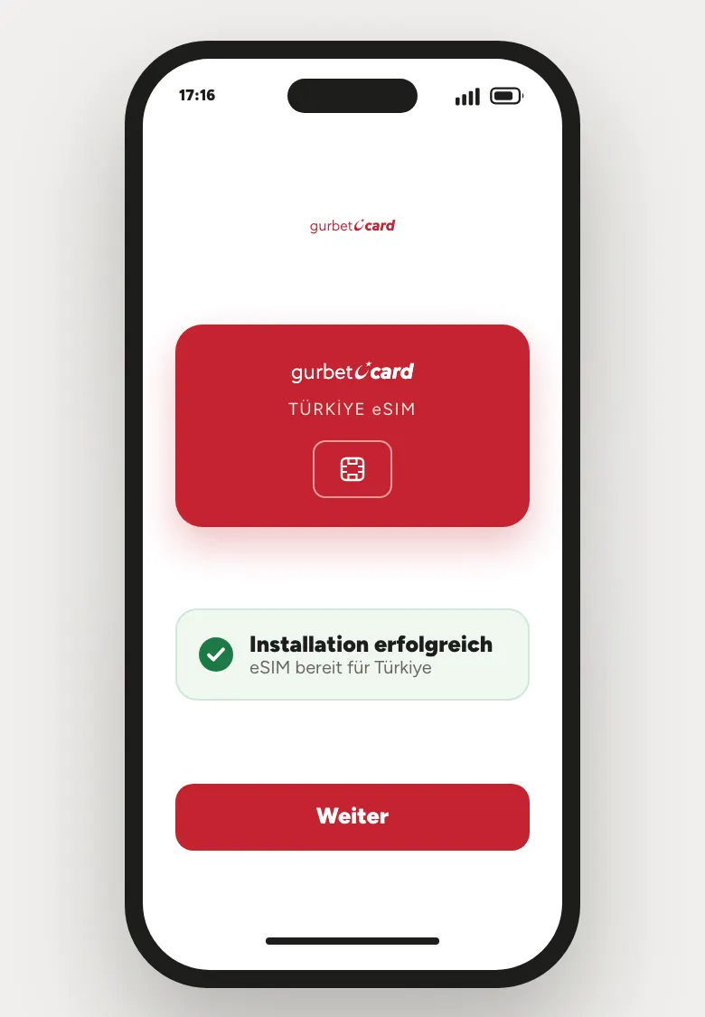 Darstellung einer erfolgreich installierten GurbetciCard-eSIM auf einem Smartphone