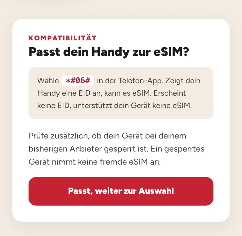Hinweis von GurbetciCard zur Prüfung der eSIM-Fähigkeit mit dem Code *#06#
