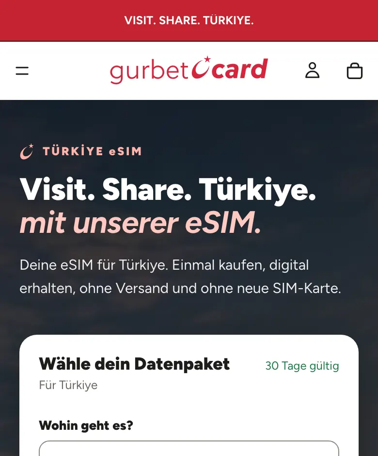 Startseite von GurbetciCard auf dem Smartphone mit der Paketauswahl