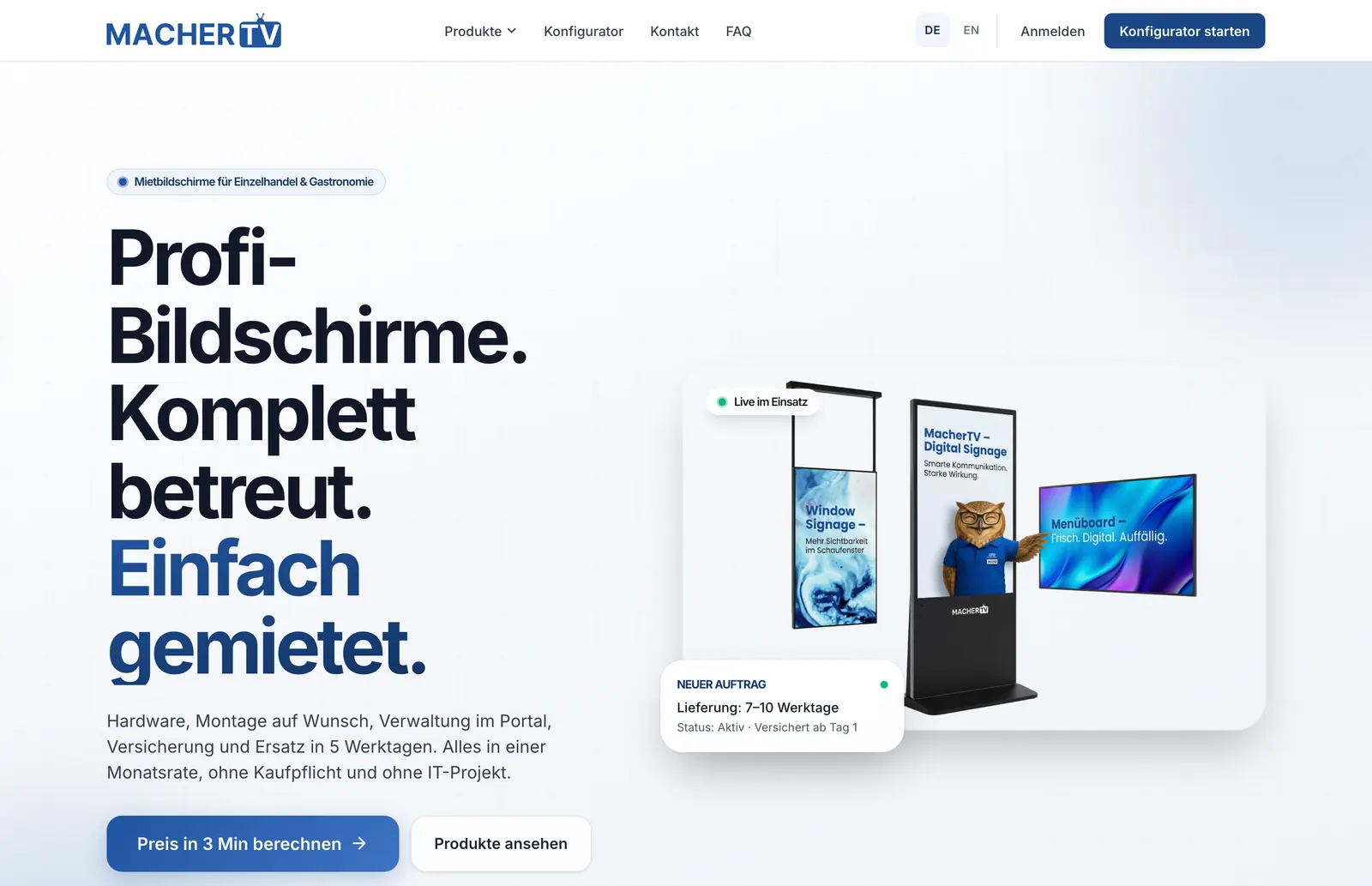Startseite von MacherTV mit Bildschirmen für Schaufenster, Gastronomie und Empfang