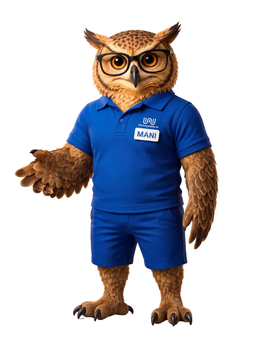 MANI in blauem Poloshirt und Shorts begrüßt dich mit ausgestrecktem Flügel