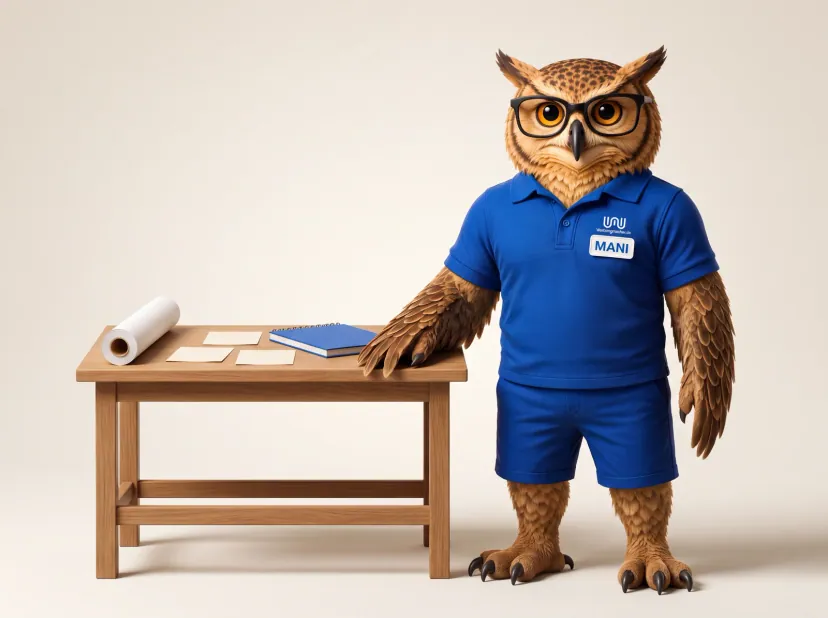 MANI mit blauem Poloshirt und Shorts an einem Arbeitstisch
